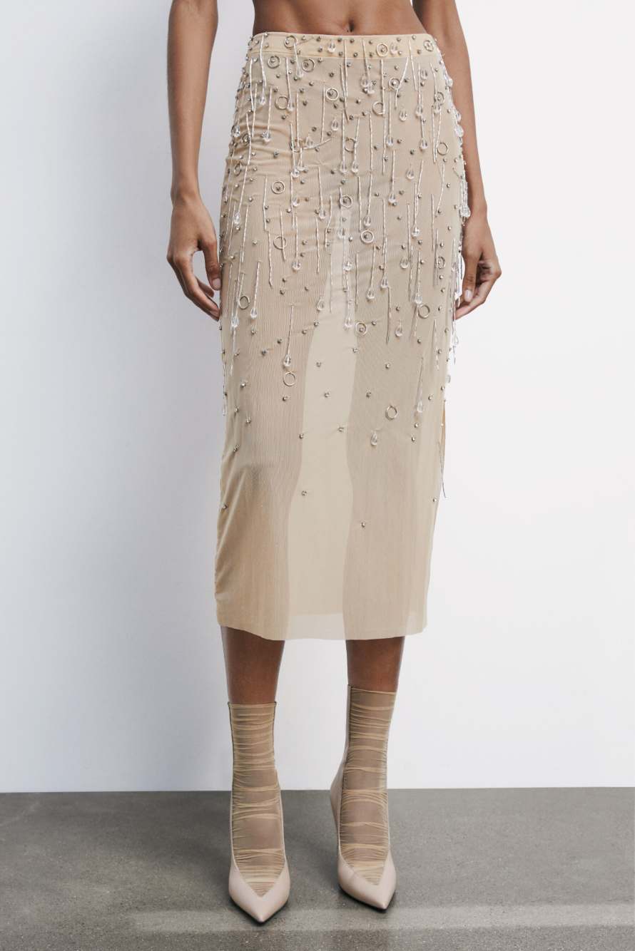 Tulle jeweled midiskirt, Beige, Patrizia Pepe