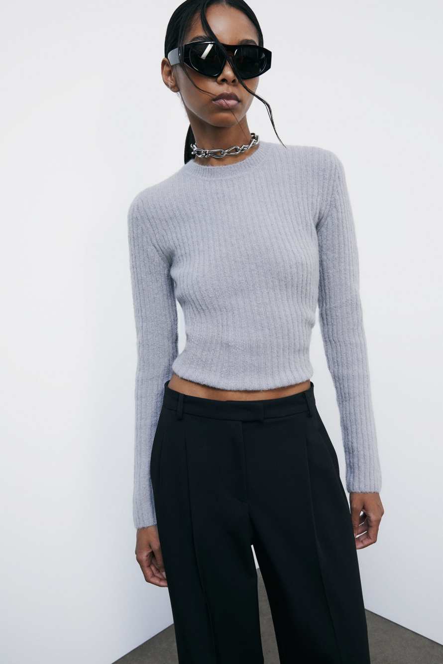 Джемпер в резинку с круглым вырезом горловины, Серый, Patrizia Pepe