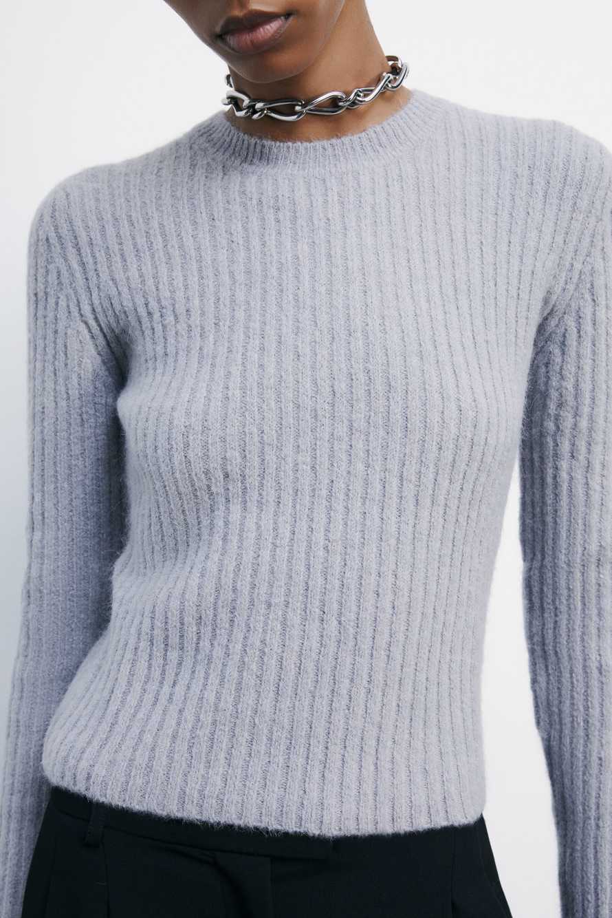 Джемпер в резинку с круглым вырезом горловины, Серый, Patrizia Pepe