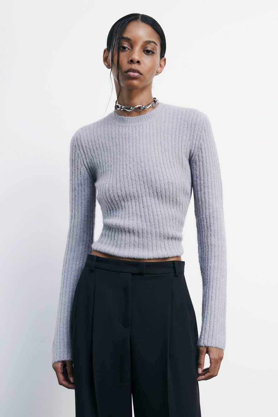 Джемпер в резинку с круглым вырезом горловины, Серый, Patrizia Pepe