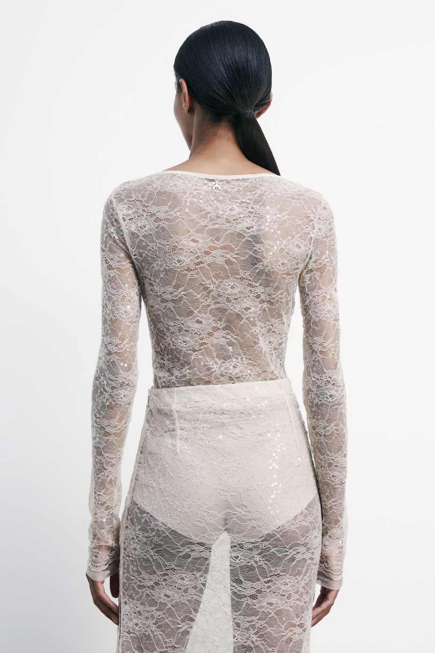 Long-sleeved lace top with sequins, White, Patrizia Pepe