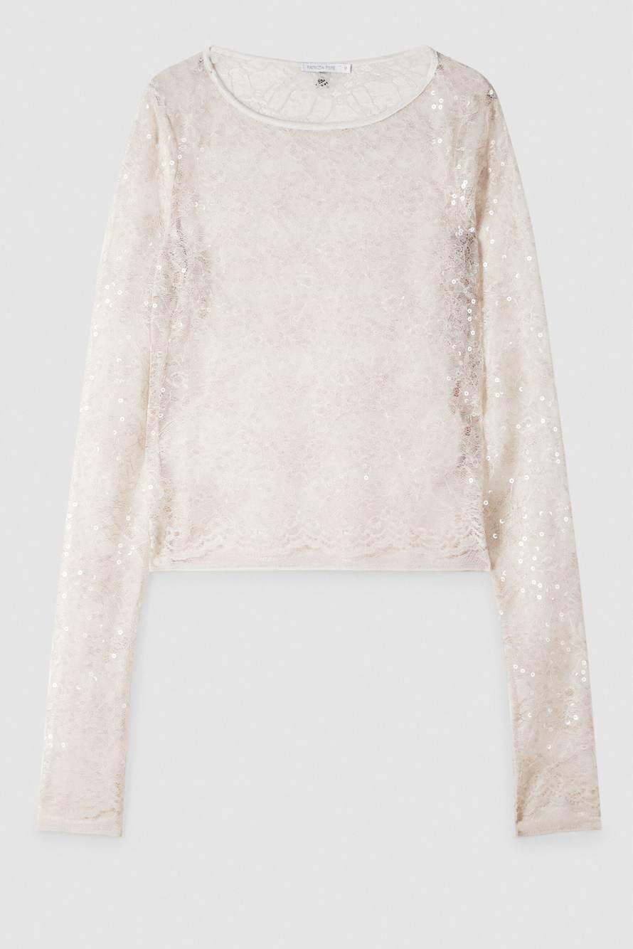 Long-sleeved lace top with sequins, White, Patrizia Pepe