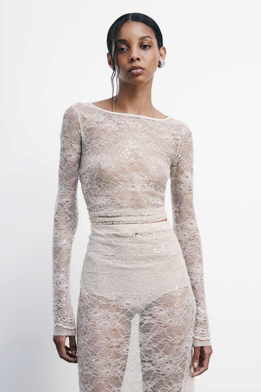 Long-sleeved lace top with sequins, White, Patrizia Pepe