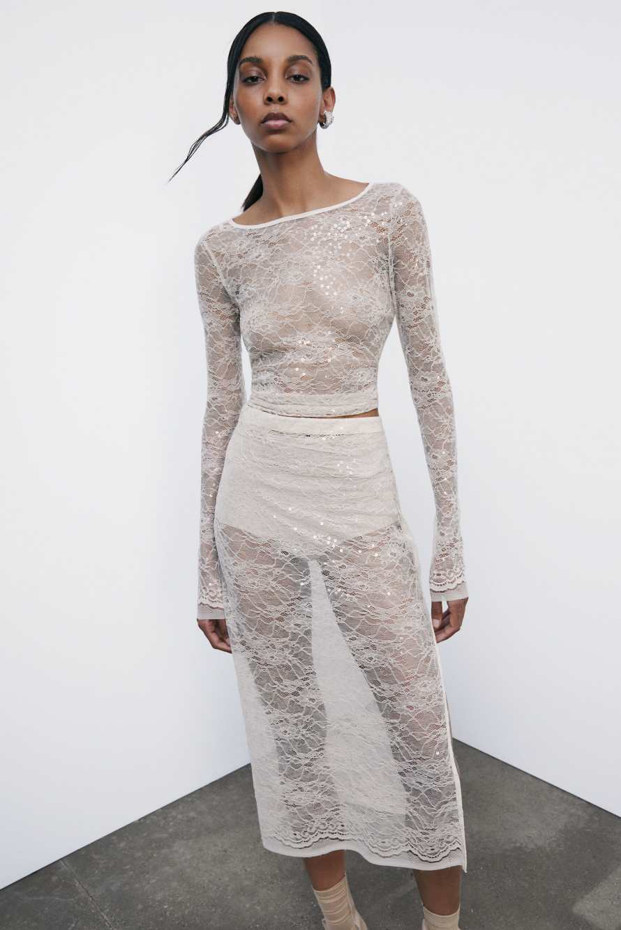 Long-sleeved lace top with sequins, White, Patrizia Pepe