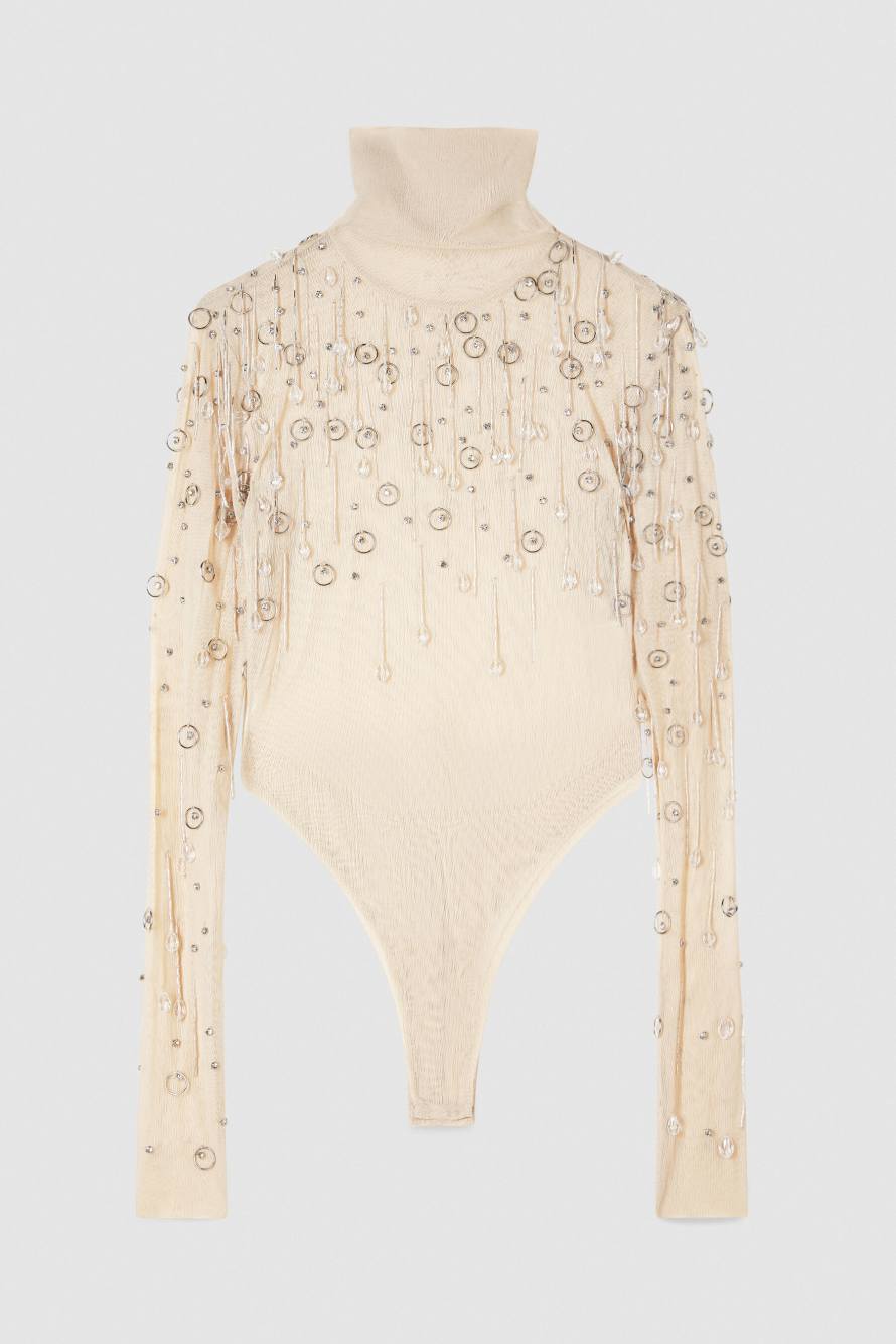 Боди с бижутерией из тюля, бежевый, Patrizia Pepe