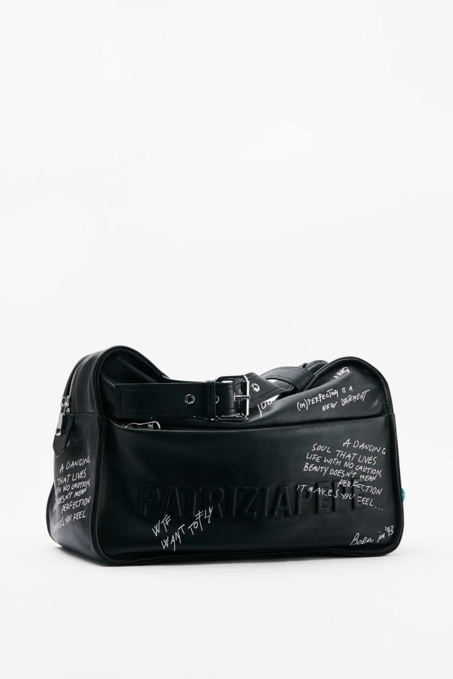 (IM)PERFECTION shopping bag in leather with calligraphic print, Black, Patrizia Pepe