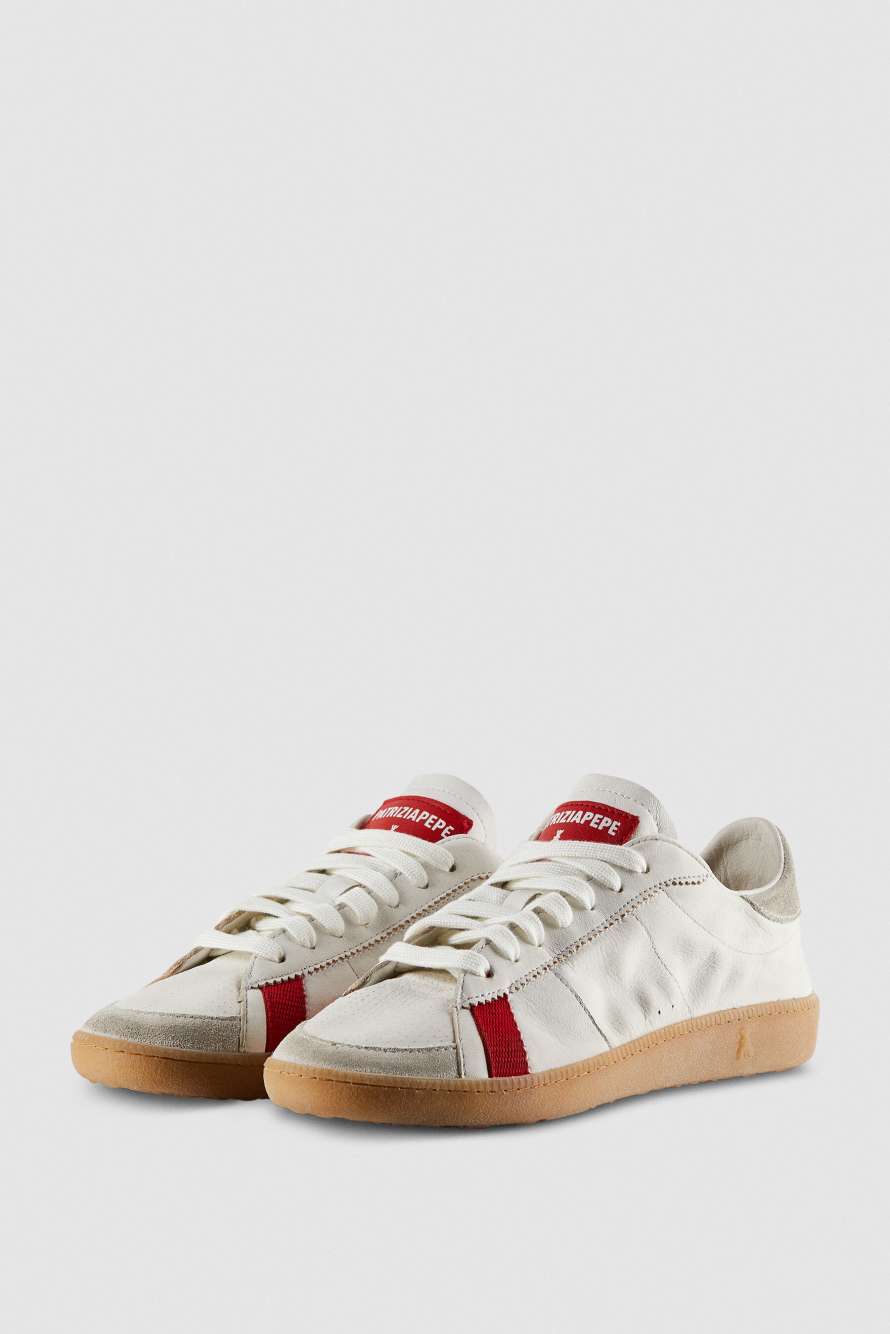 SKIN Sneakers in leather with lettering, White/Red, Patrizia Pepe