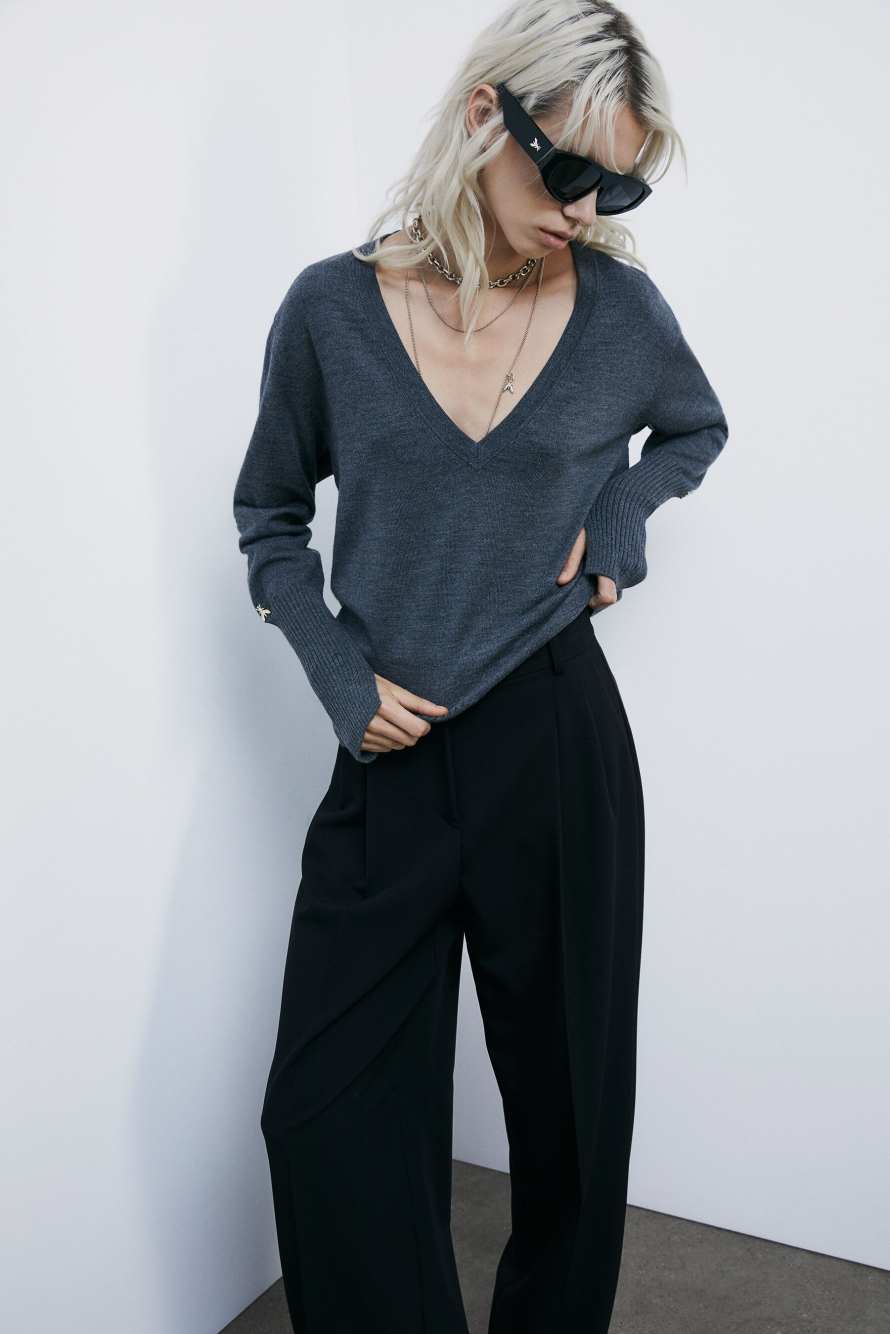 Шерстяной джемпер с треугольным вырезом горловины, Серый, Patrizia Pepe