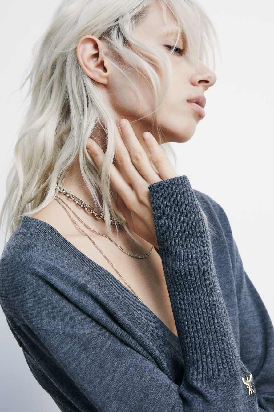 Шерстяной джемпер с треугольным вырезом горловины, Серый, Patrizia Pepe