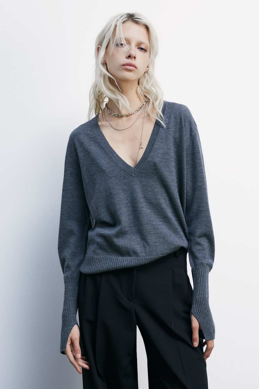 Шерстяной джемпер с треугольным вырезом горловины, Серый, Patrizia Pepe