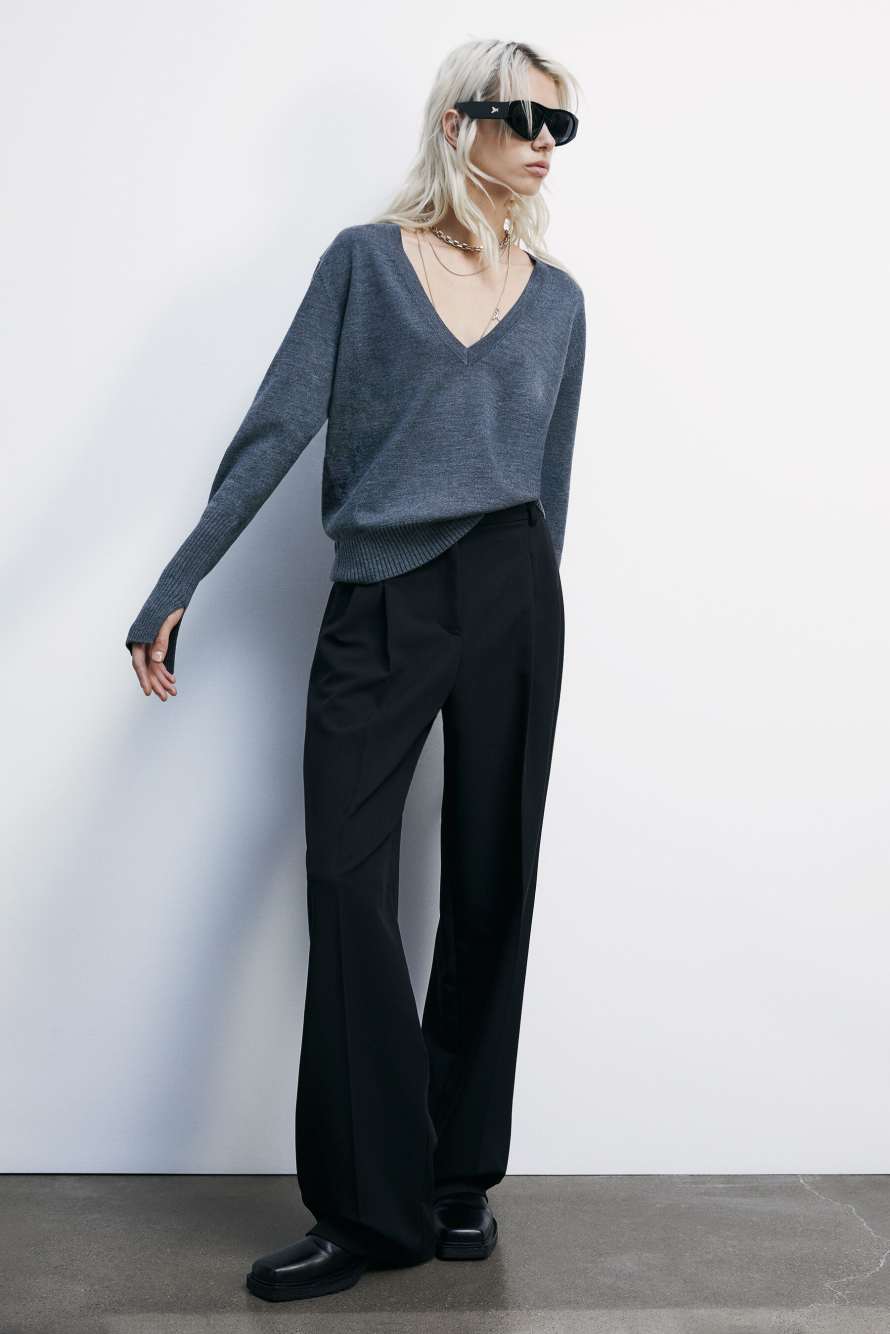 Шерстяной джемпер с треугольным вырезом горловины, Серый, Patrizia Pepe