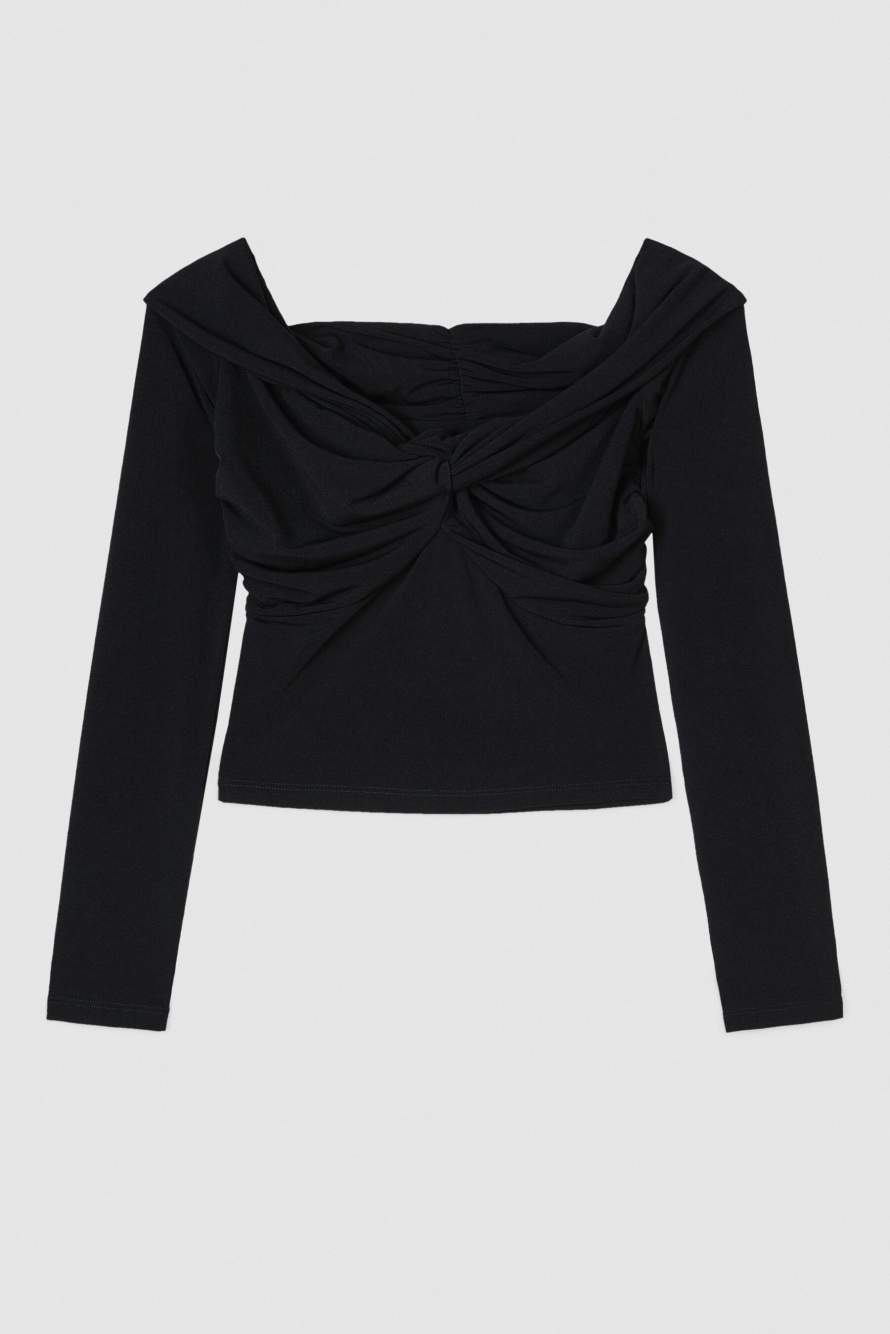 Cropped long-sleeved top with torchon, Black, Patrizia Pepe