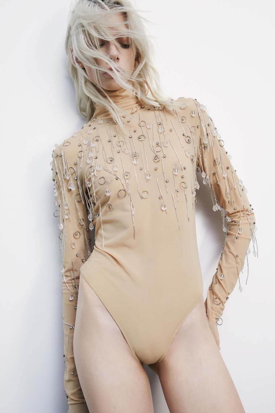 Боди с бижутерией из тюля, бежевый, Patrizia Pepe