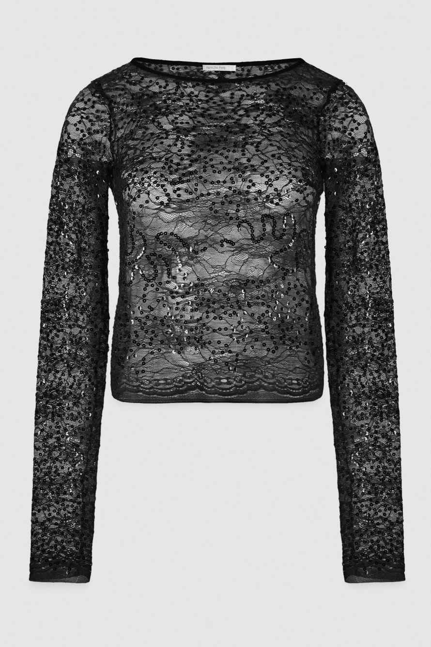 Long-sleeved lace top with sequins, Black, Patrizia Pepe