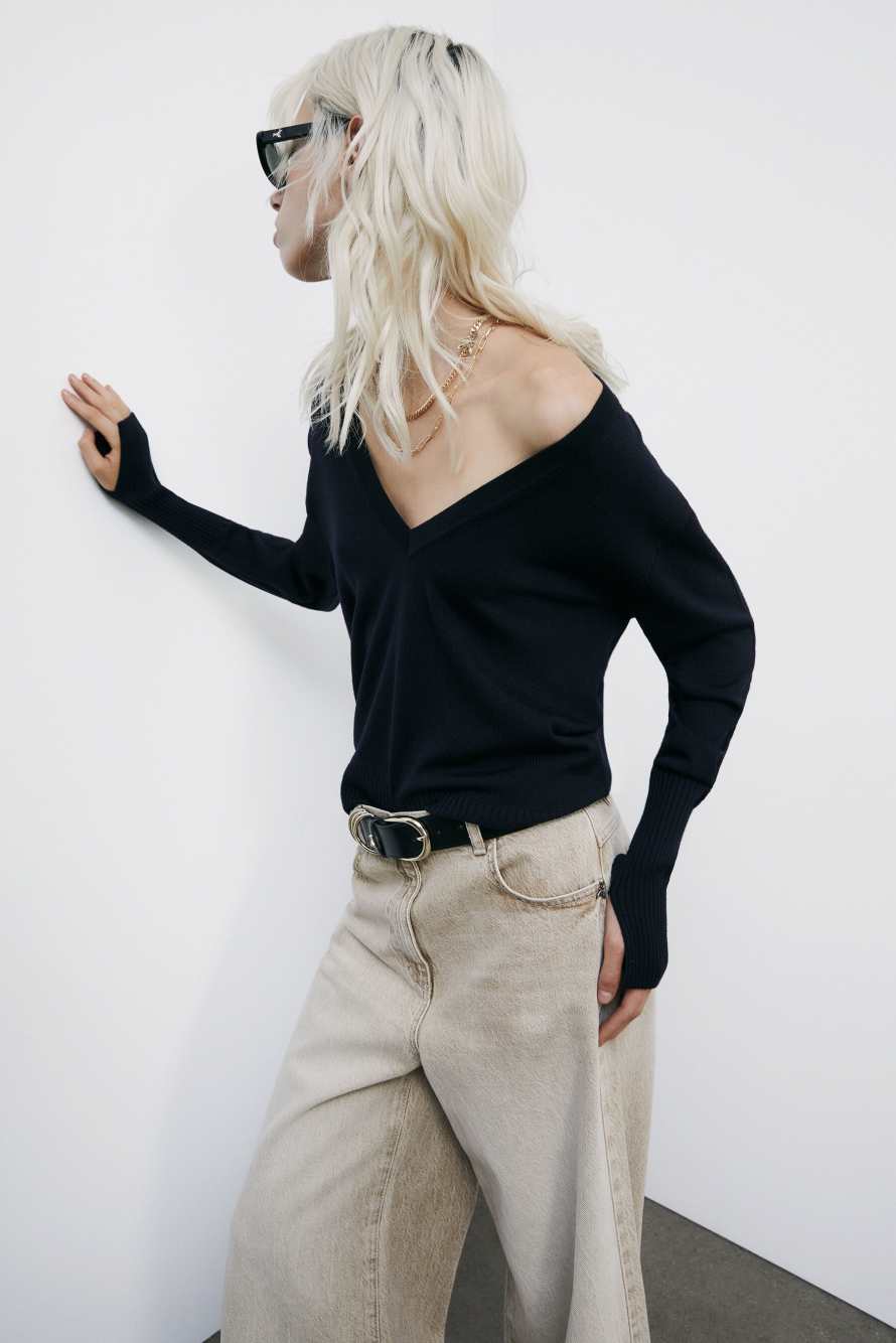 Шерстяной джемпер с треугольным вырезом горловины, Синий, Patrizia Pepe