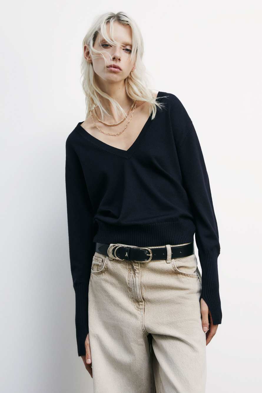 Шерстяной джемпер с треугольным вырезом горловины, Синий, Patrizia Pepe