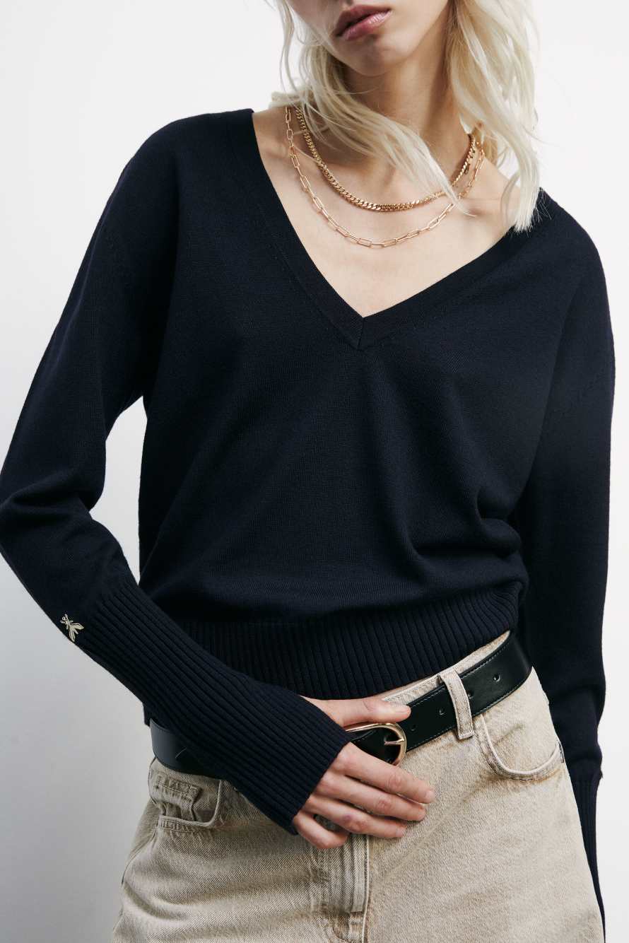 Шерстяной джемпер с треугольным вырезом горловины, Синий, Patrizia Pepe