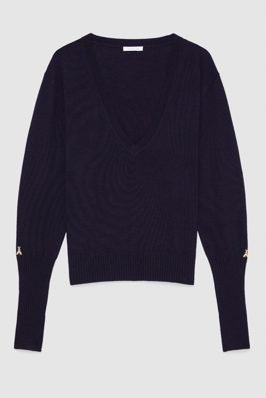 Шерстяной джемпер с треугольным вырезом горловины, Синий, Patrizia Pepe