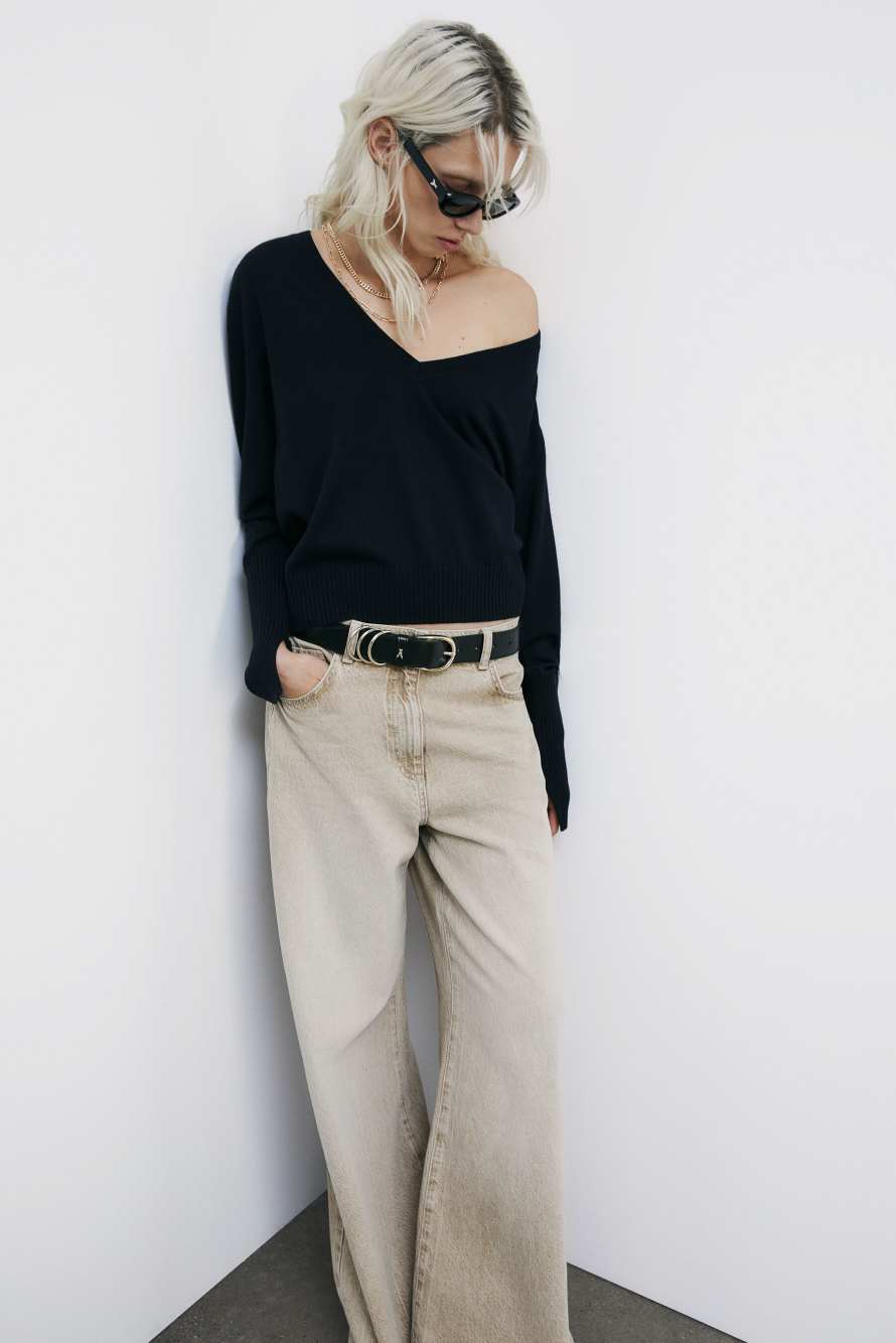 Шерстяной джемпер с треугольным вырезом горловины, Синий, Patrizia Pepe