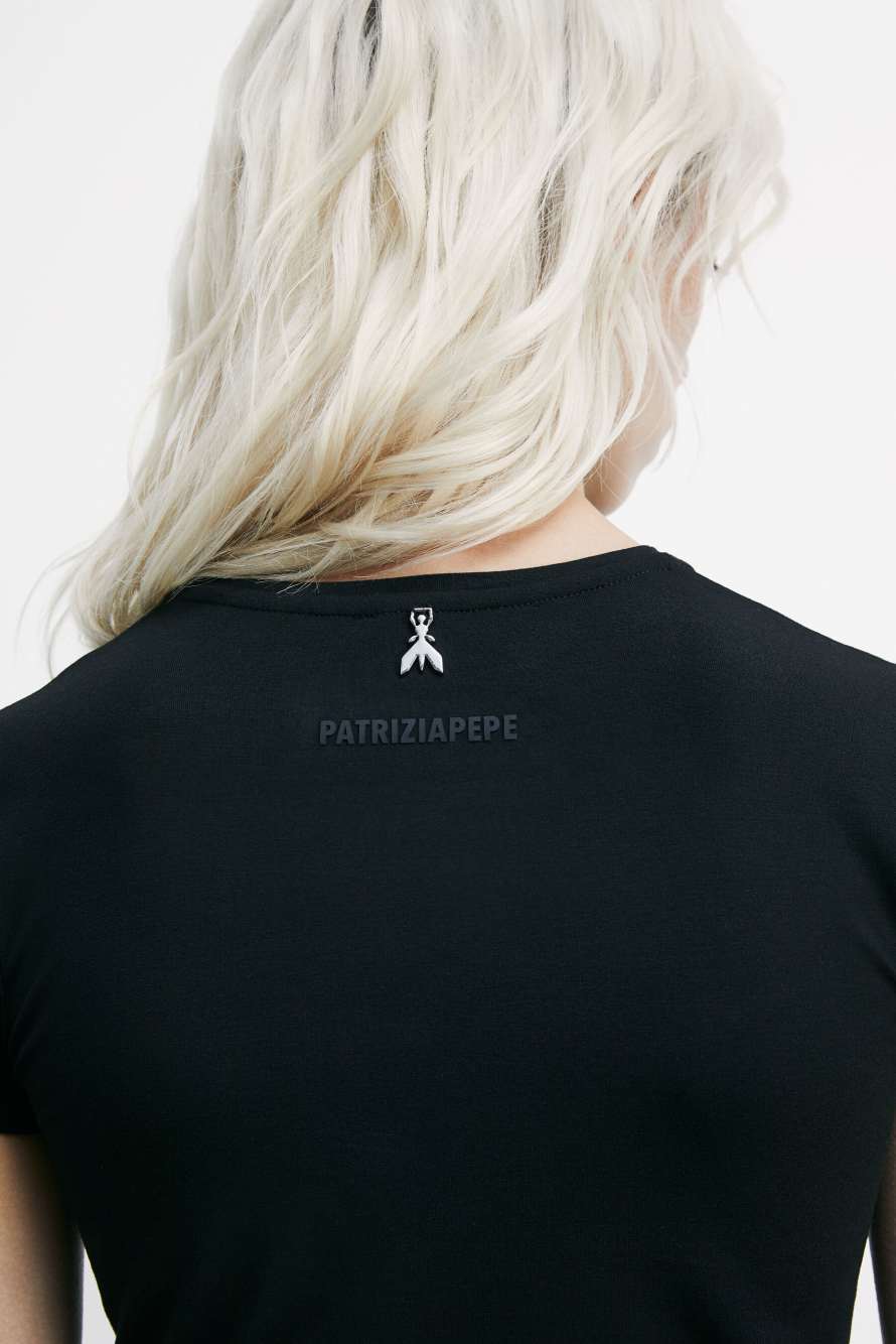 Stretch jersey crewneck T-shirt, Black, Patrizia Pepe