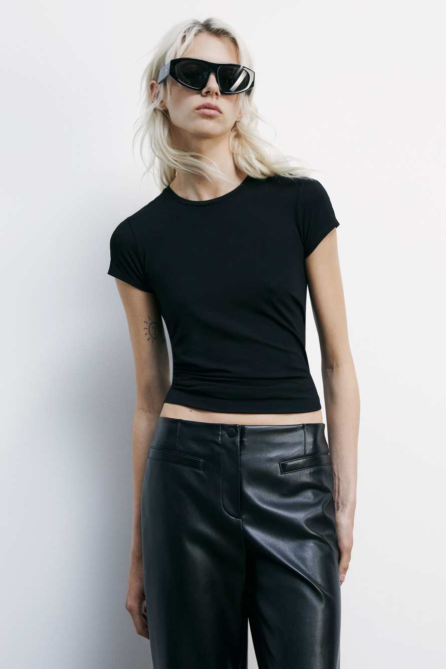 Stretch jersey crewneck T-shirt, Black, Patrizia Pepe