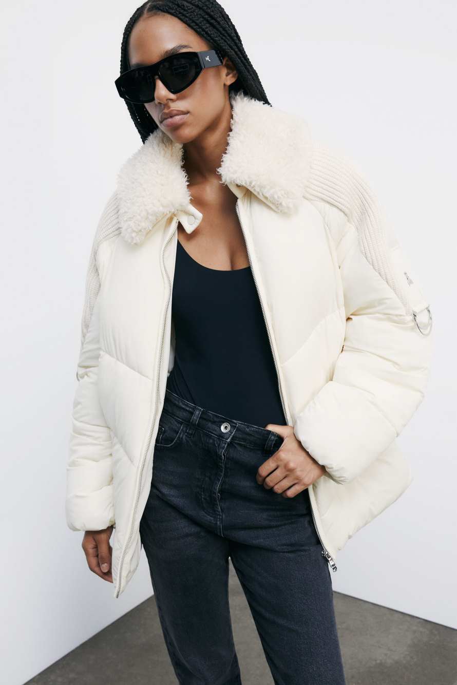 Пуховик с ворсистым воротником, Белый, Patrizia Pepe