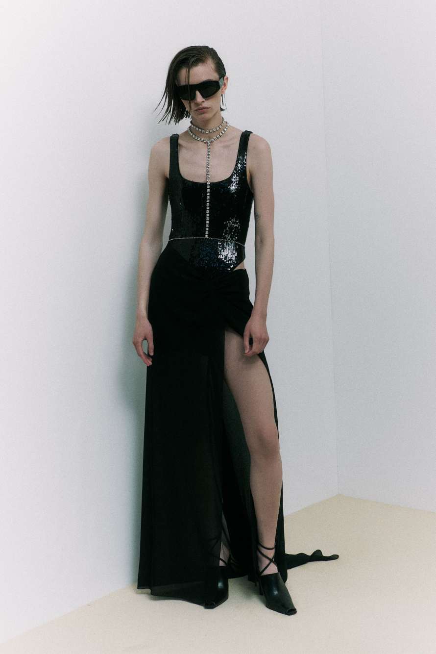 Long bustier dress with sequins, Black, Patrizia Pepe