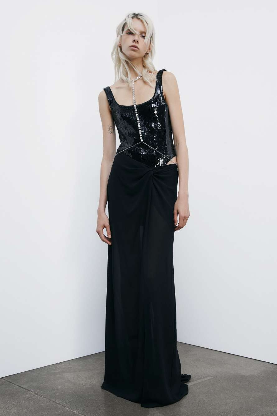 Long bustier dress with sequins, Black, Patrizia Pepe