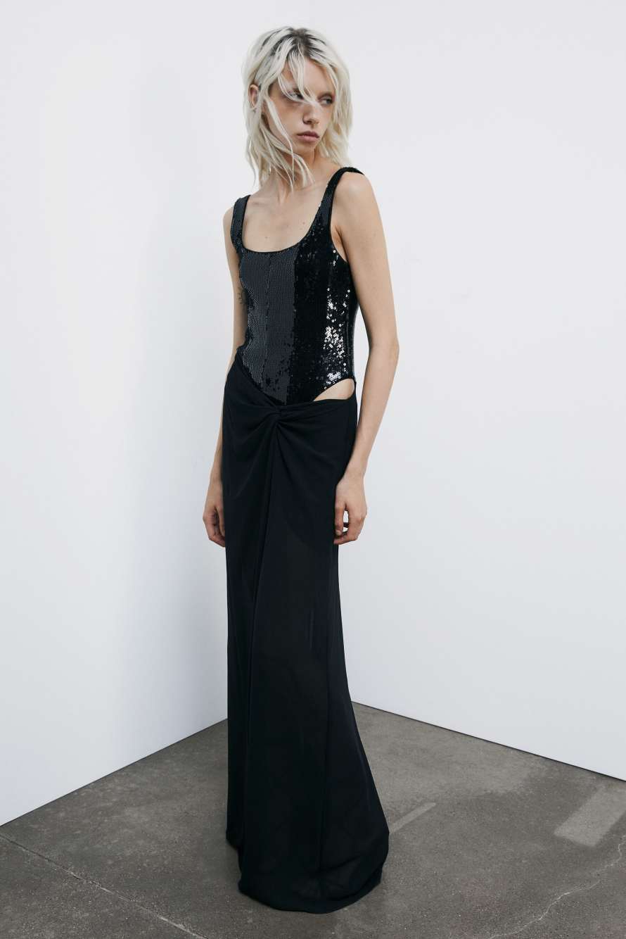 Long bustier dress with sequins, Black, Patrizia Pepe