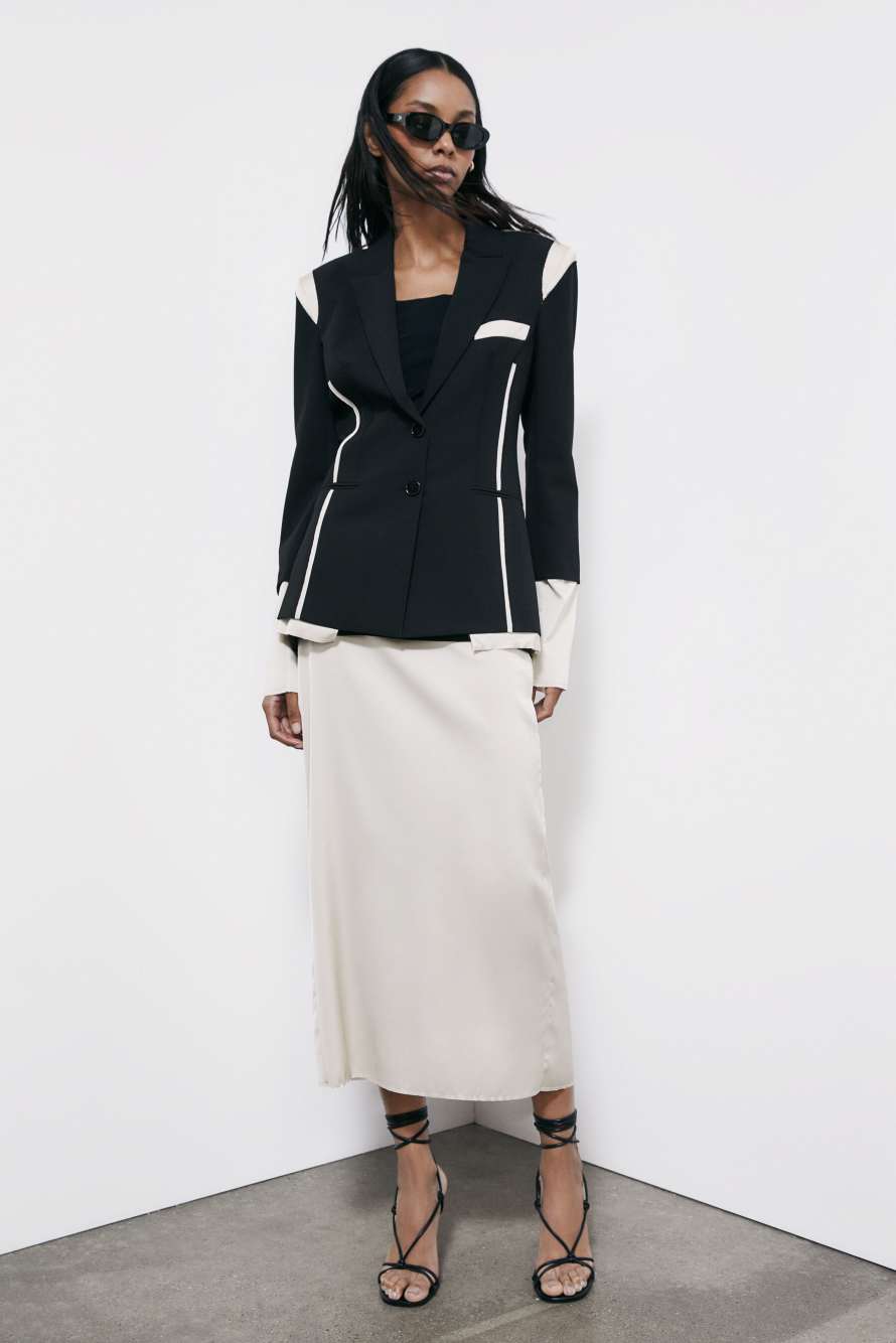 Viscose blend color block midi skirt, Black/Ivory, Patrizia Pepe