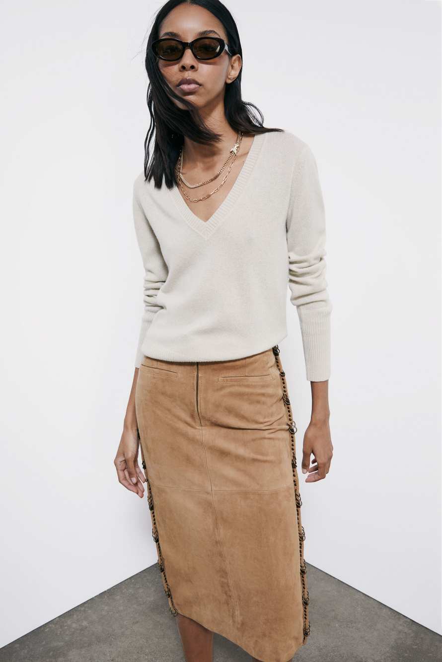 Кашемировый свитер с V-образным вырезом, Бежевый, Patrizia Pepe