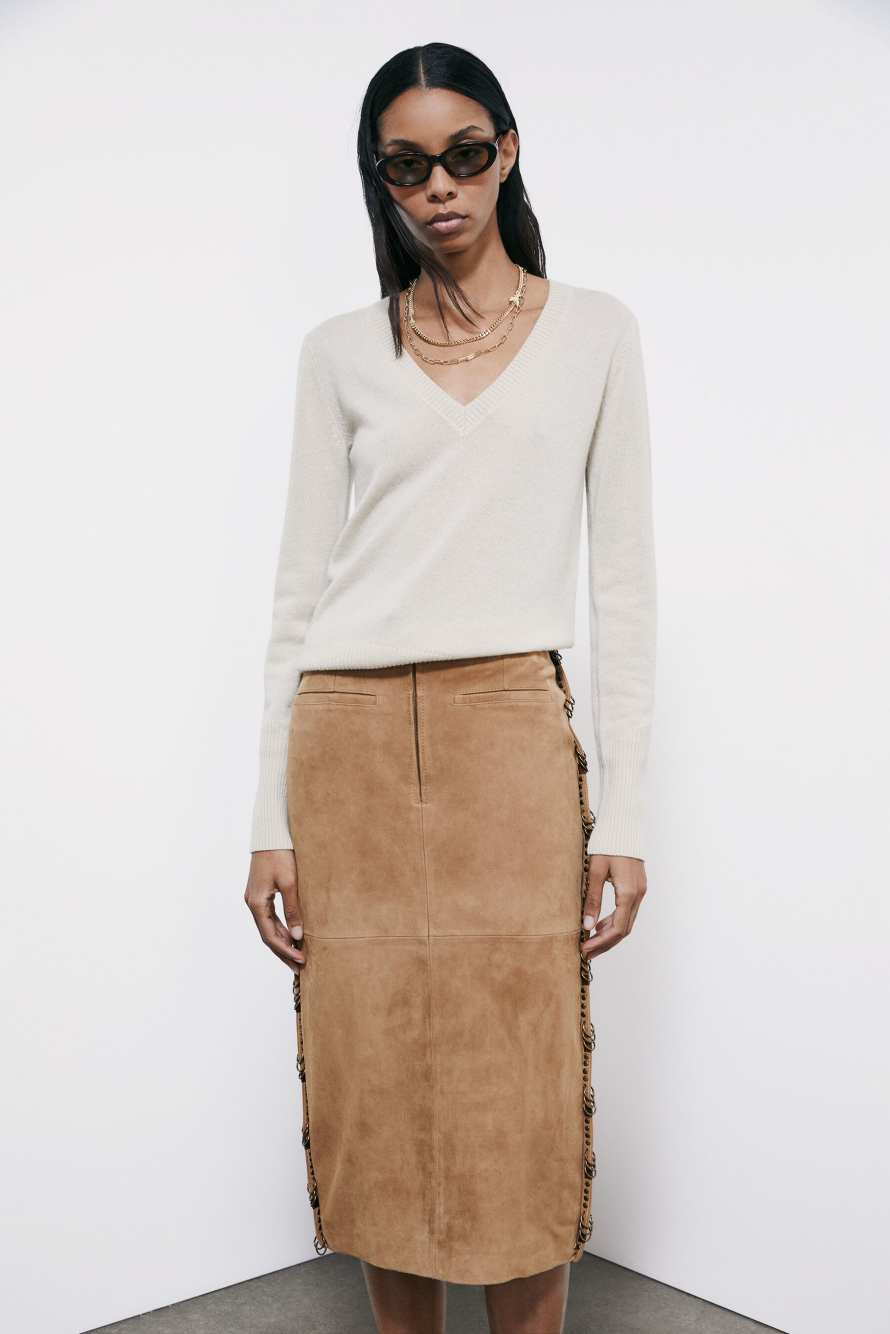 Кашемировый свитер с V-образным вырезом, Бежевый, Patrizia Pepe