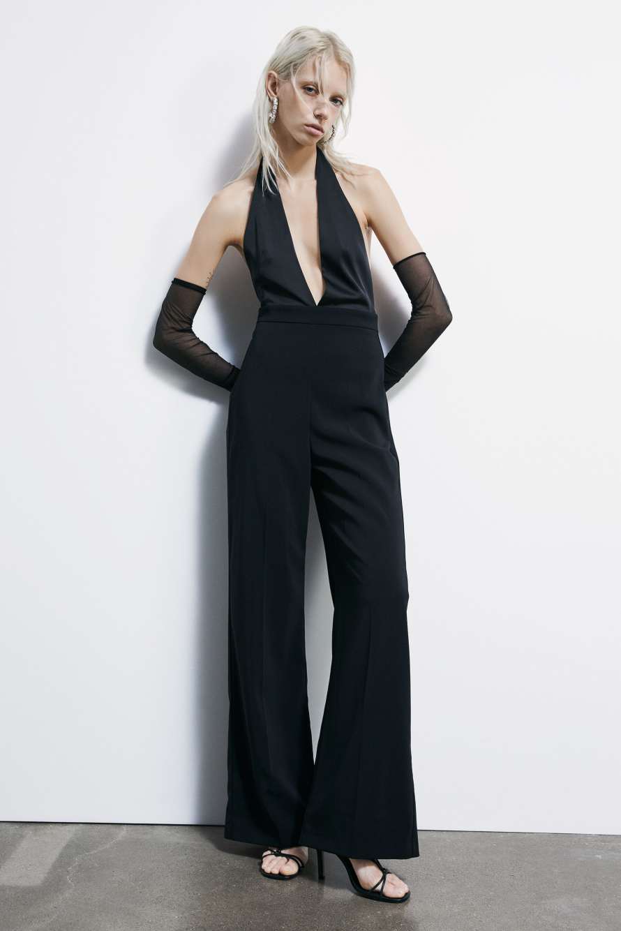 Fluid crepe jumpsuit with deep neckline, Black, Patrizia Pepe