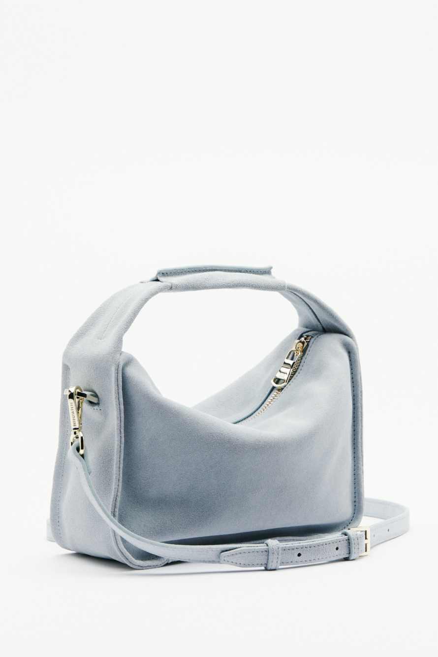 Contemporary Hobo small suede shoulder bag, Light blue, Patrizia Pepe