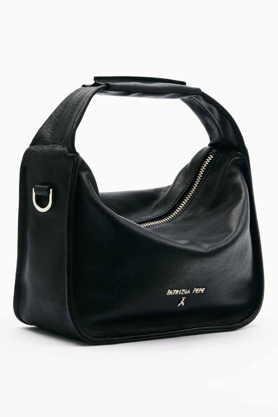 Contemporary Hobo small leather shoulder bag, Black, Patrizia Pepe