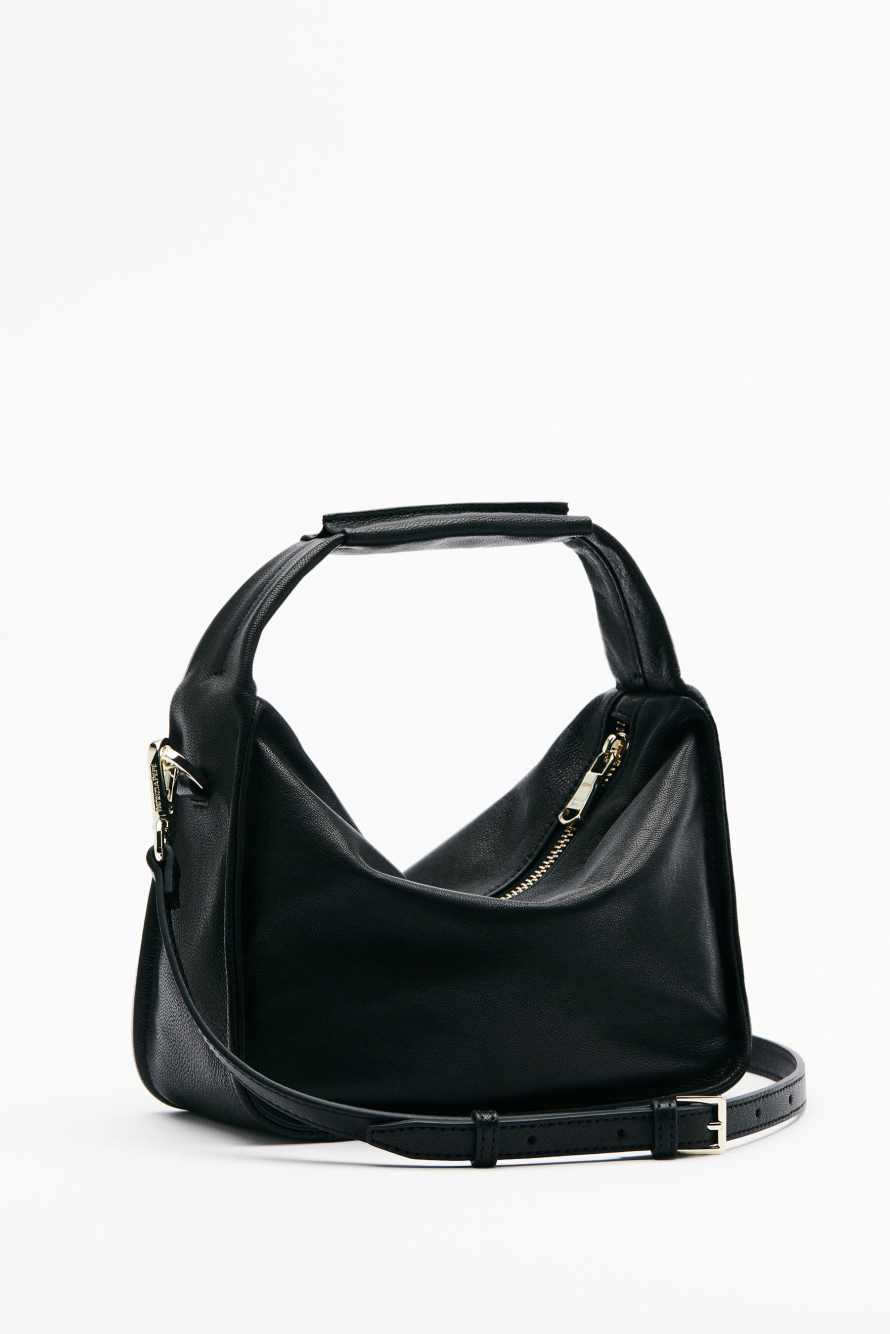 Contemporary Hobo small leather shoulder bag, Black, Patrizia Pepe