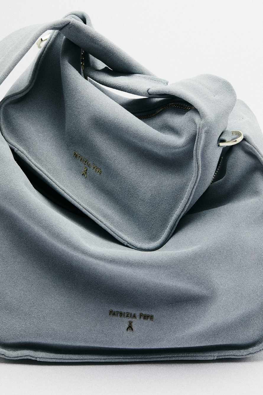 Contemporary Hobo small suede shoulder bag, Light blue, Patrizia Pepe