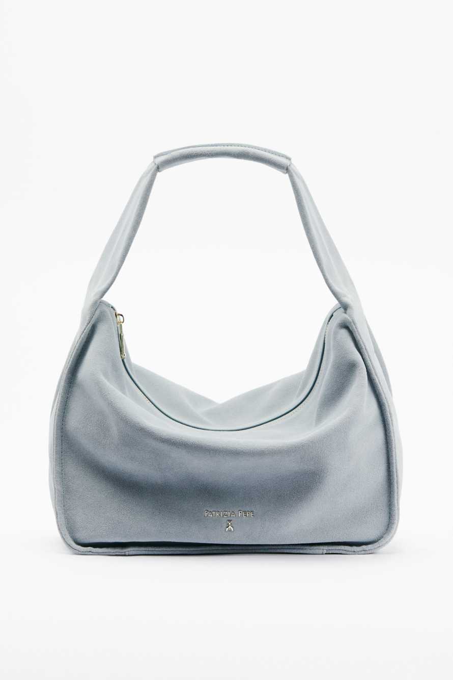 Contemporary Hobo medium suede shoulder bag, Light blue, Patrizia Pepe