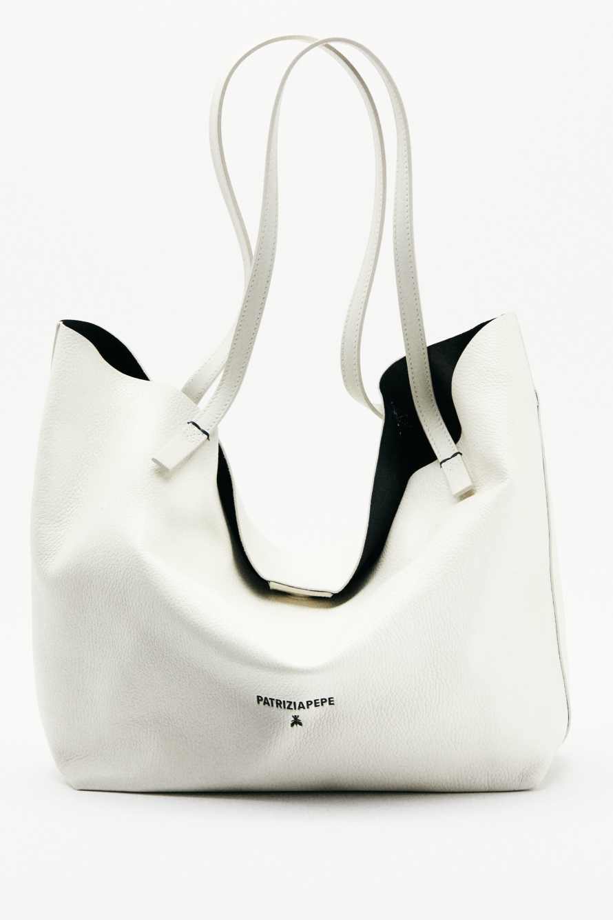 Never Complete shopping bag in hammered leather, White, Patrizia Pepe