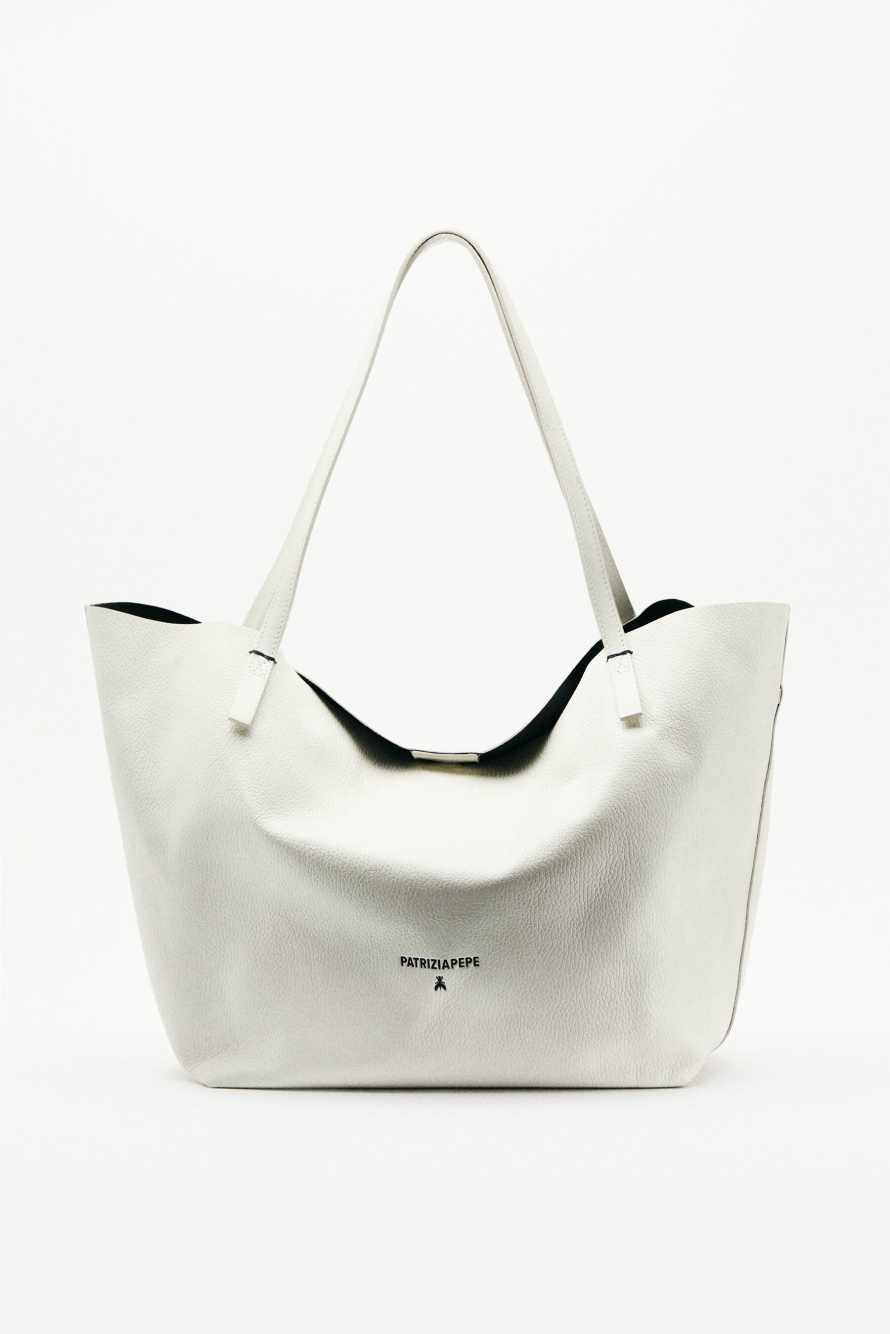 Never Complete shopping bag in hammered leather, White, Patrizia Pepe
