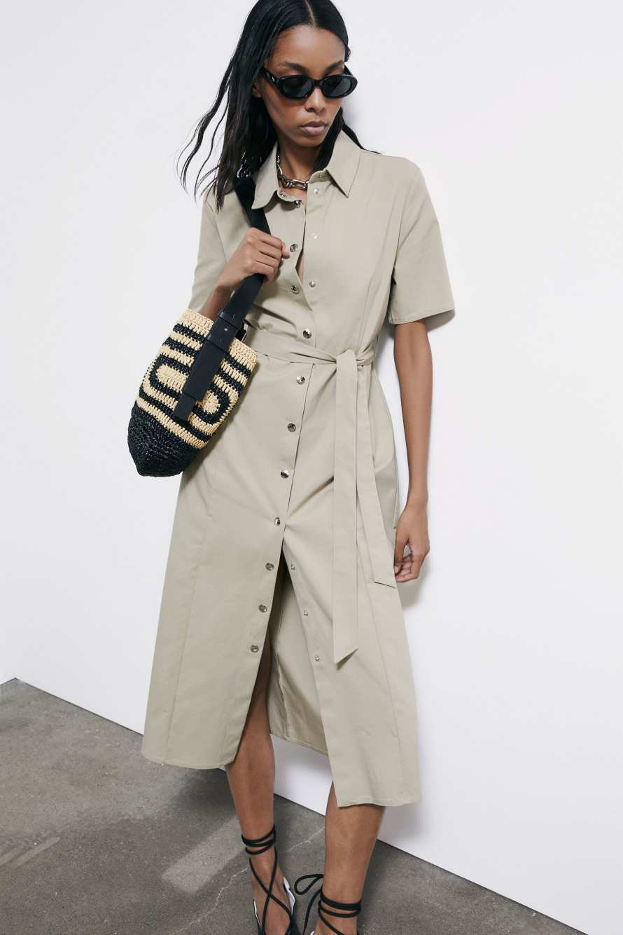 Midi shirt dress with belt, Beige, Patrizia Pepe