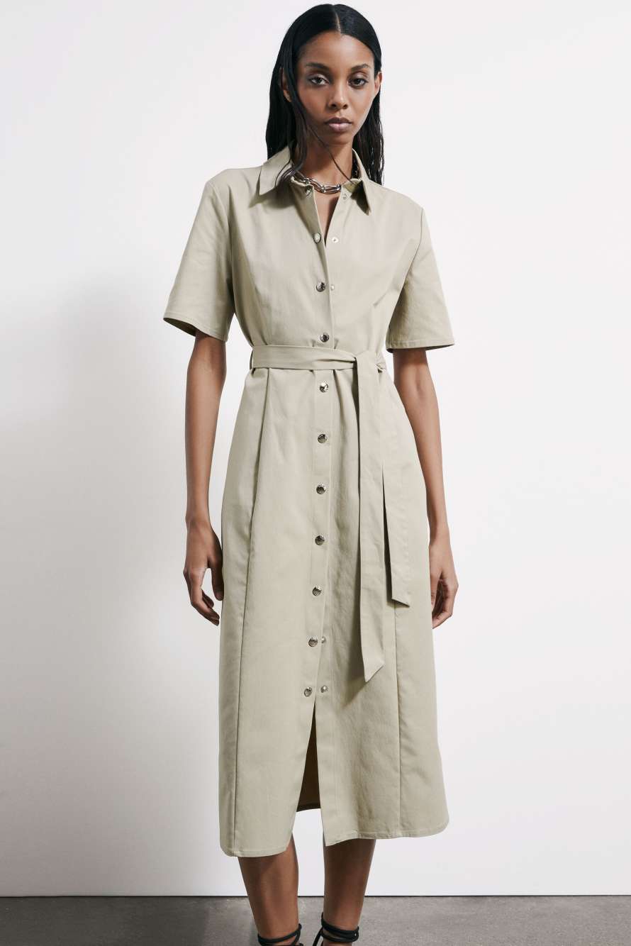 Midi shirt dress with belt, Beige, Patrizia Pepe