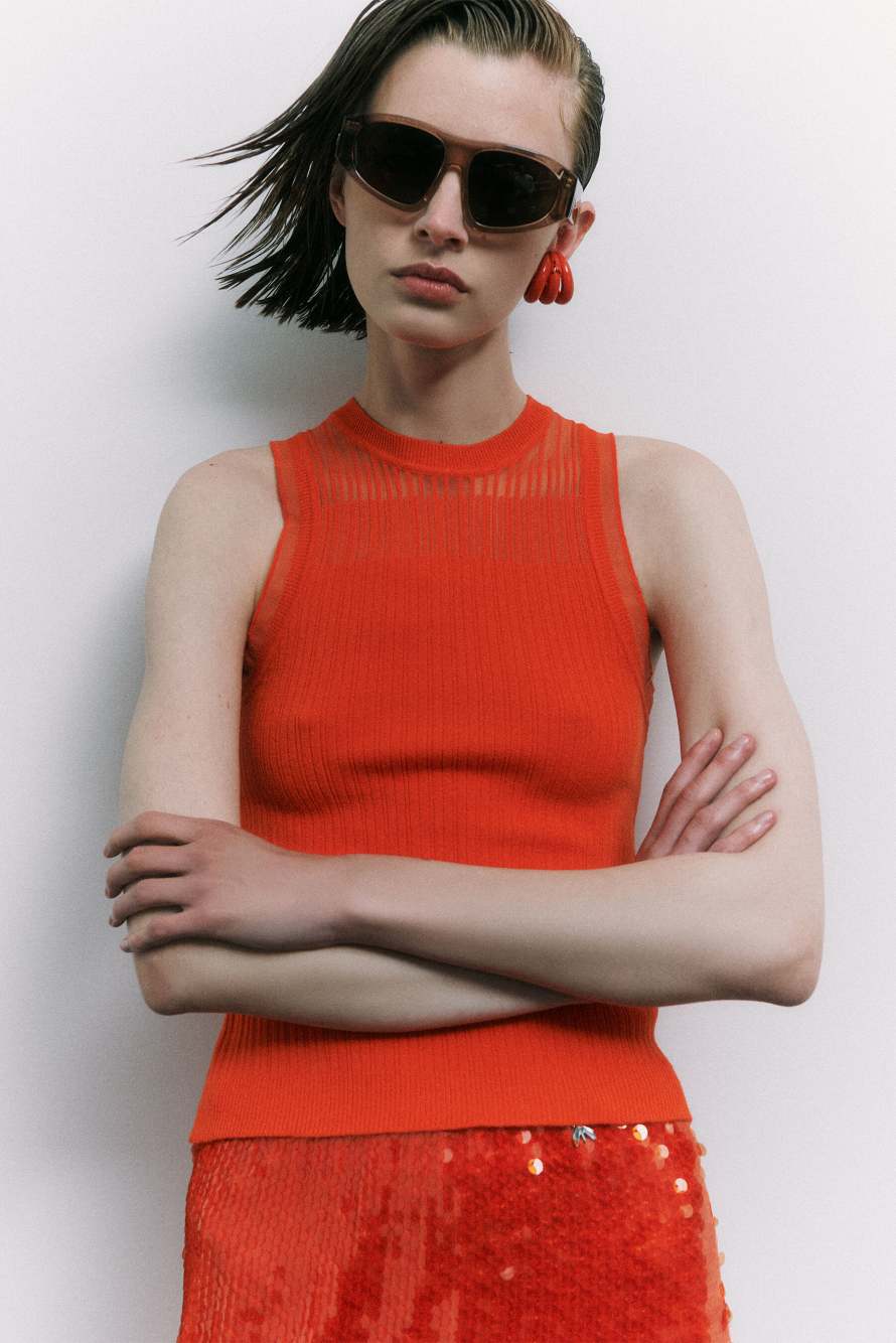 Sheer knit tank top, Orange, Patrizia Pepe