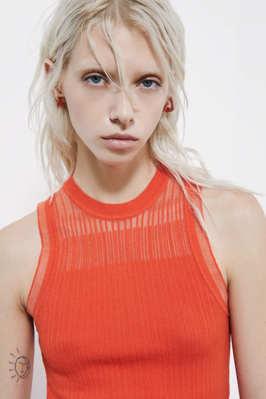 Sheer knit tank top, Orange, Patrizia Pepe