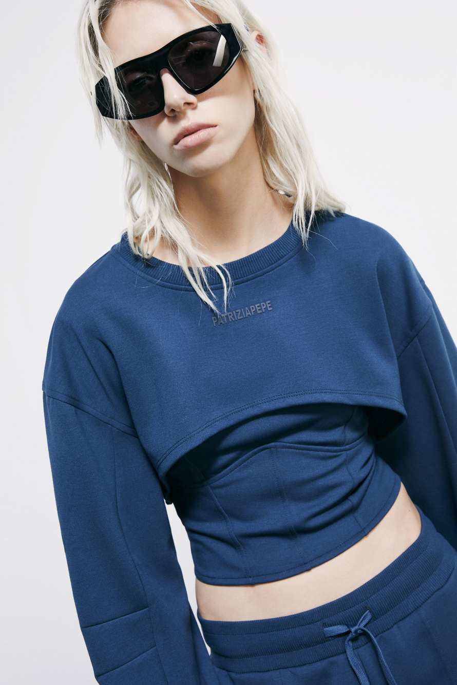 Double layer cropped bustier sweatshirt, Blue, Patrizia Pepe