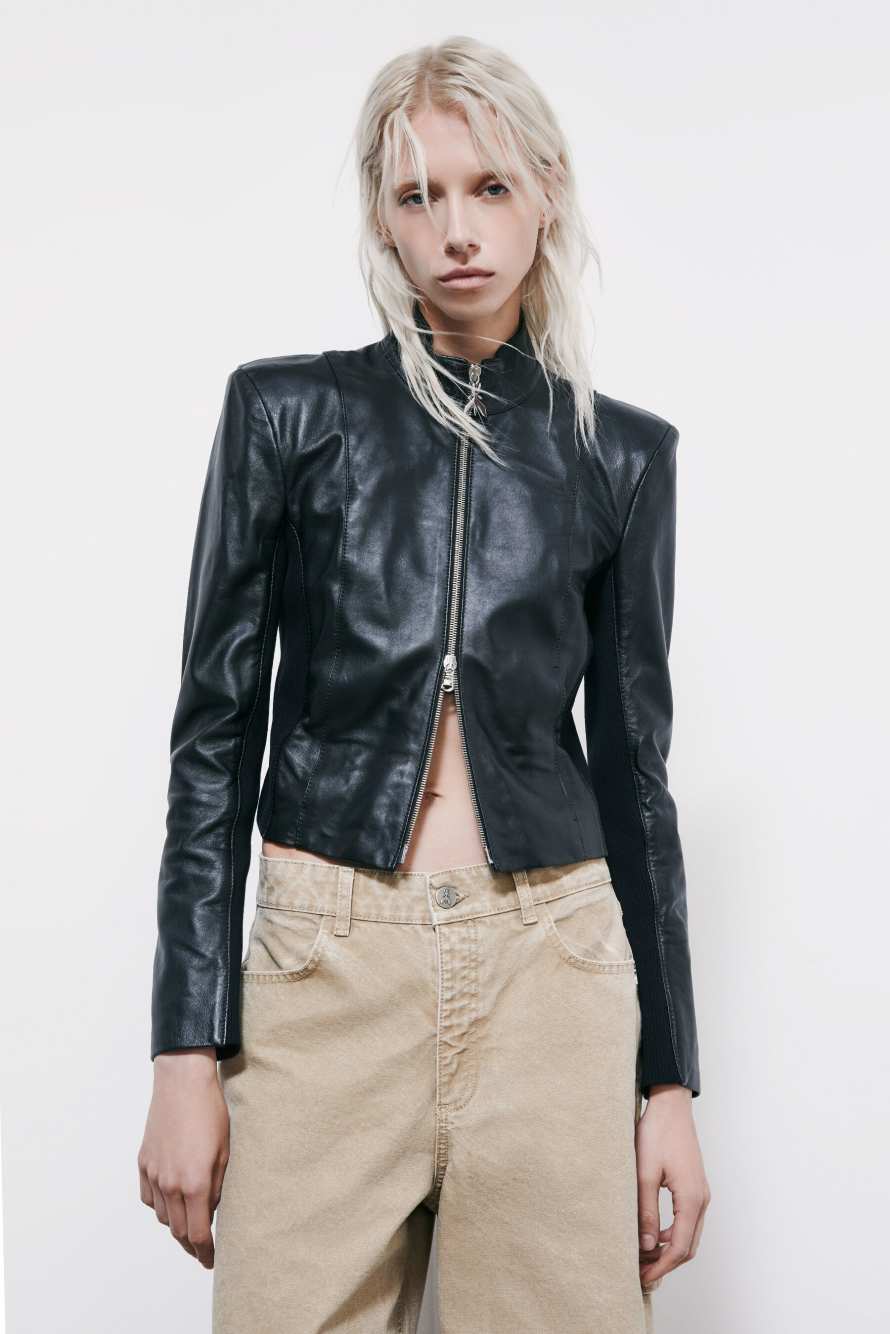 Leather biker jacket with knitted inserts, Black, Patrizia Pepe