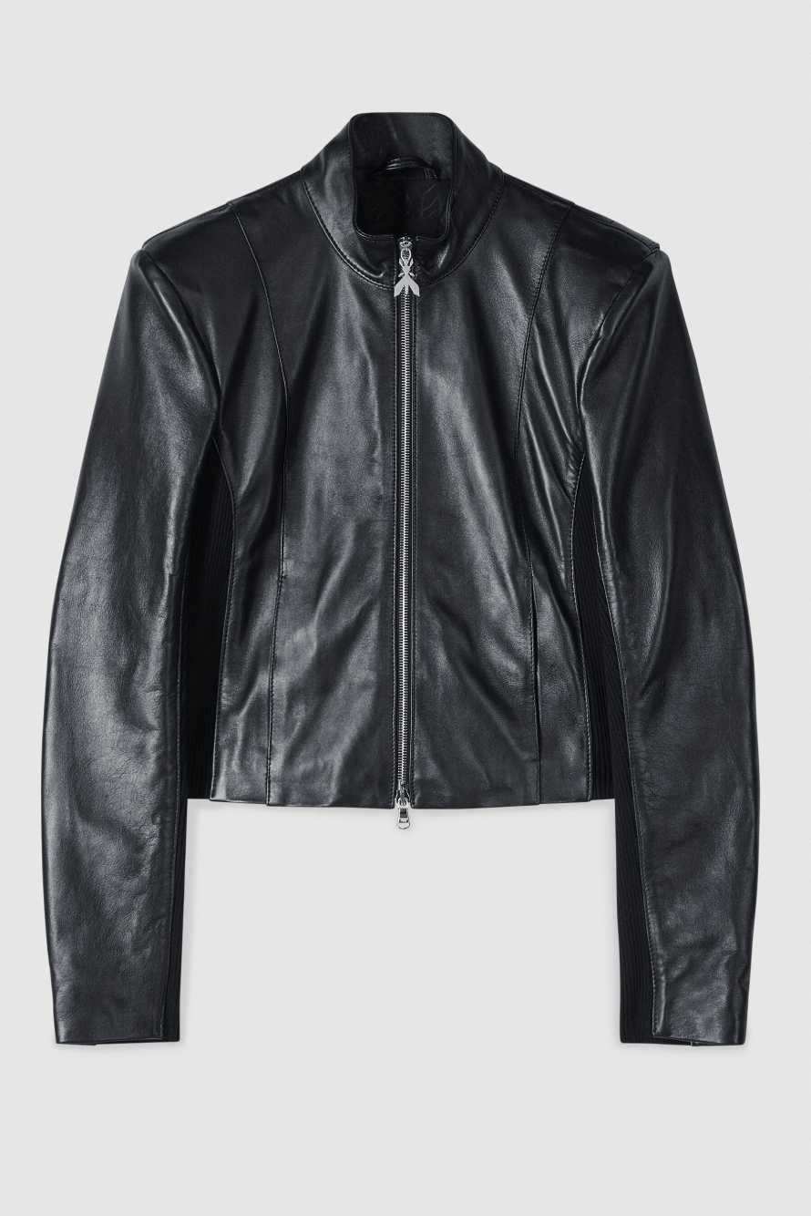 Leather biker jacket with knitted inserts, Black, Patrizia Pepe