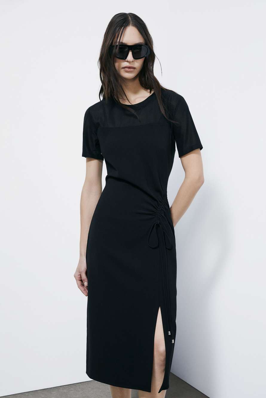 Twill midi dress with ruffle, Black, Patrizia Pepe