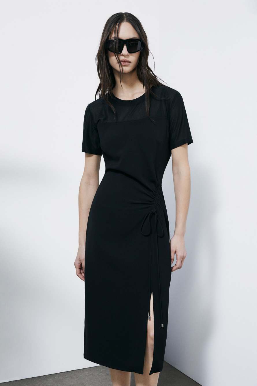 Twill midi dress with ruffle, Black, Patrizia Pepe
