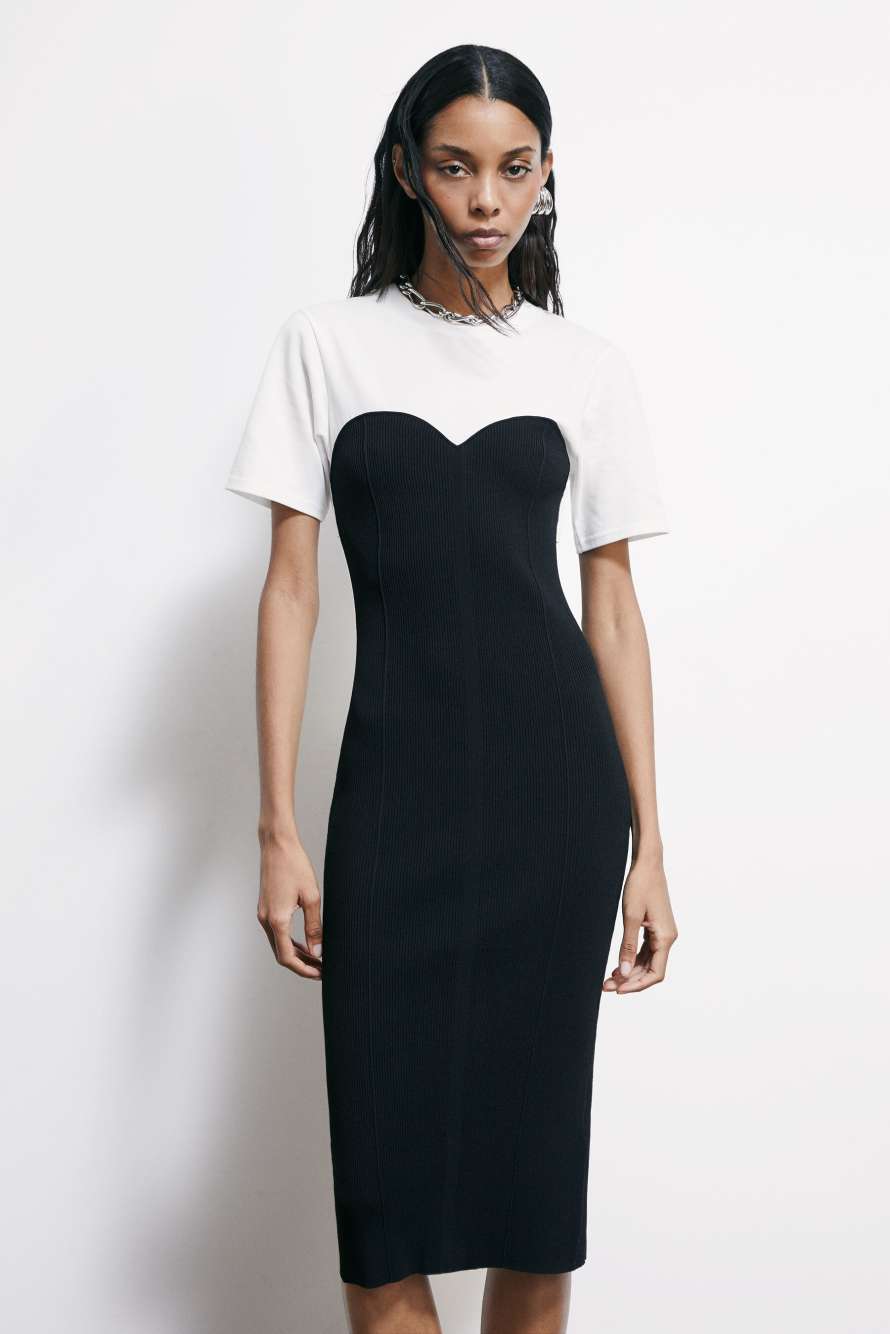 Облегающее миди-платье в резинку с футболкой, Белый/Чёрный, Patrizia Pepe